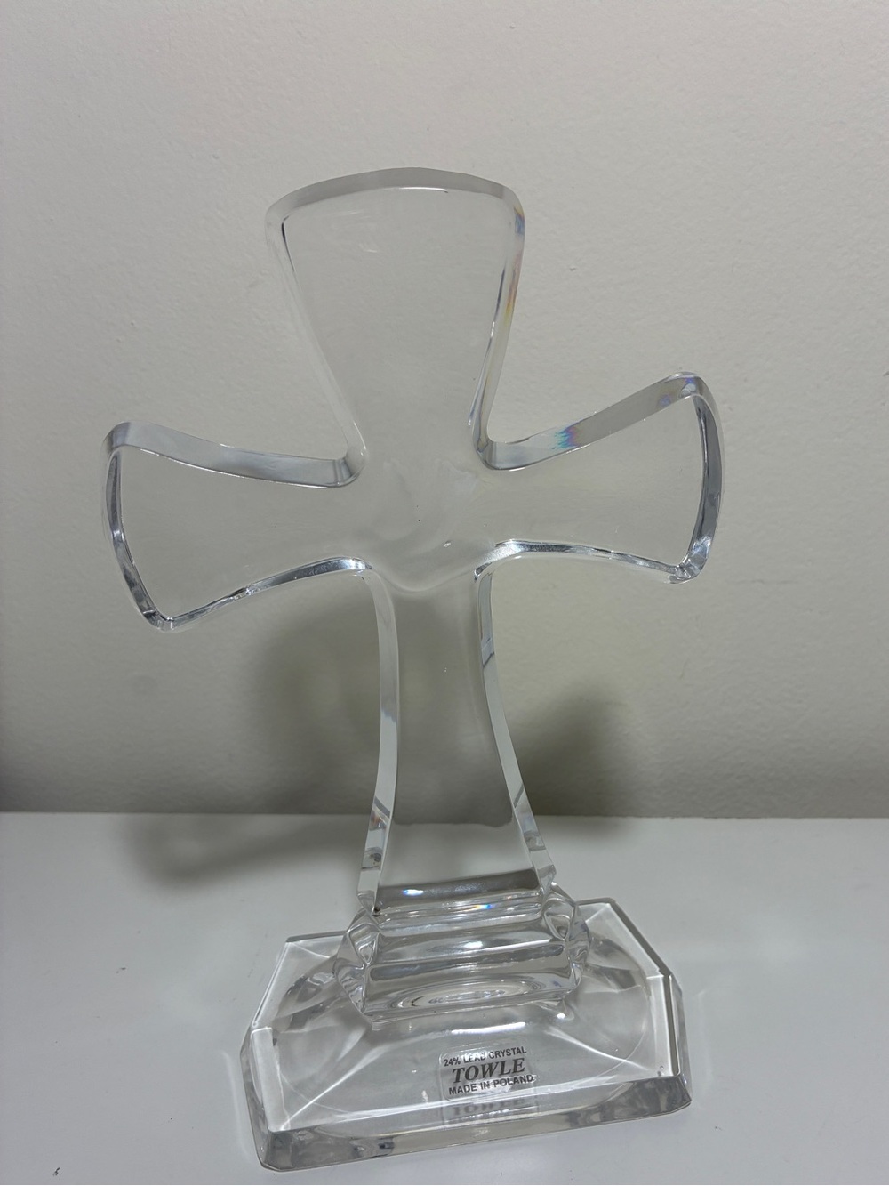 Towle 24% Lead Crystal  Cross Ornate Etched Dove Emblem In Center 8” Poland